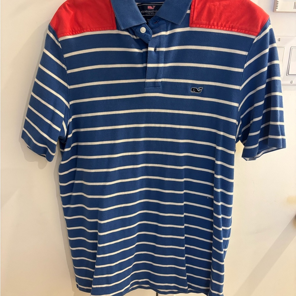 Vineyard Vines Men's Blue and white Striped Polo Shirt with red shouldera